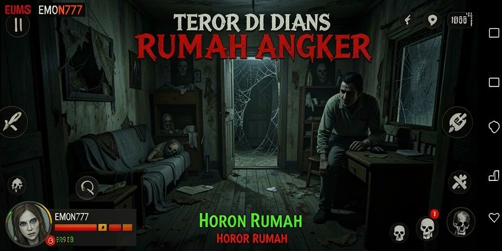 Antarmuka EMON777 menampilkan suasana horor mencekam dan interaktif.